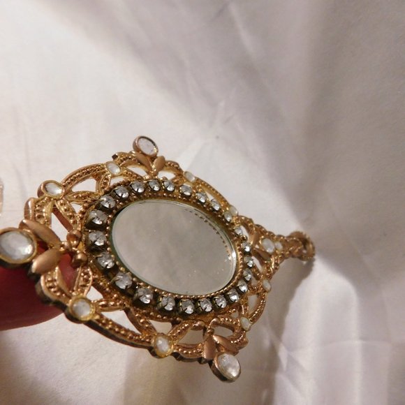 Vintage Gold Tone Small Hand Mirror with Rhinestones - Picture 7 of 8